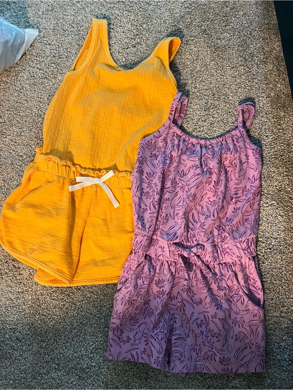 Girls' Yellow Ribbed Tank Romper & Purple Floral Romper Set